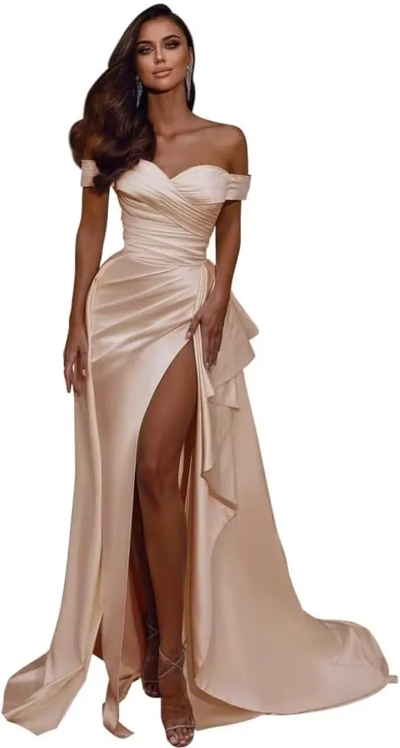 Mermaid Prom Dresses Long Ball Gown with Slit Off Shoulder Satin V-Neck Evening Formal Gown with Train DR0045
