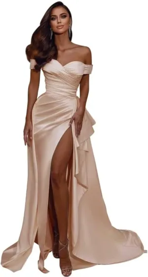 Mermaid Prom Dresses Long Ball Gown with Slit Off Shoulder Satin V-Neck Evening Formal Gown with Train DR0045