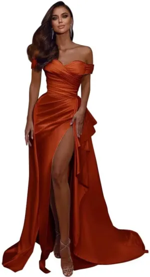Mermaid Prom Dresses Long Ball Gown with Slit Off Shoulder Satin V-Neck Evening Formal Gown with Train DR0045