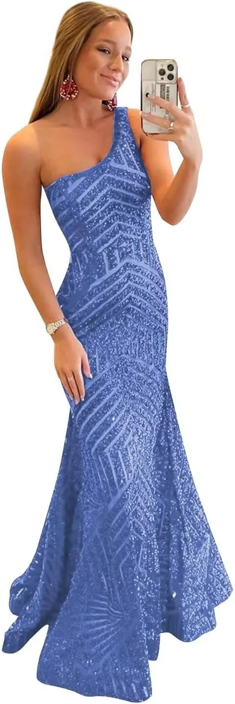 Mermaid Sequin Prom Dress One Shoulder Long Sparkly Formal Evening Ball Gown Pleated for Women