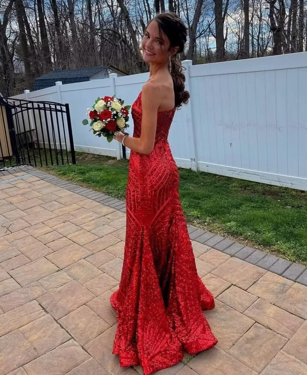 Mermaid Sequin Prom Dress One Shoulder Long Sparkly Formal Evening Ball Gown Pleated for Women