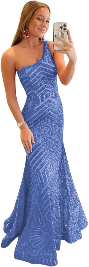 Mermaid Sequin Prom Dress One Shoulder Long Sparkly Formal Evening Ball Gown Pleated for Women