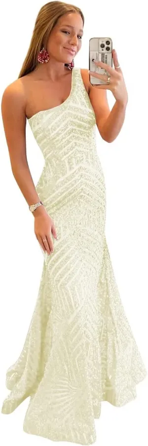 Mermaid Sequin Prom Dress One Shoulder Long Sparkly Formal Evening Ball Gown Pleated for Women