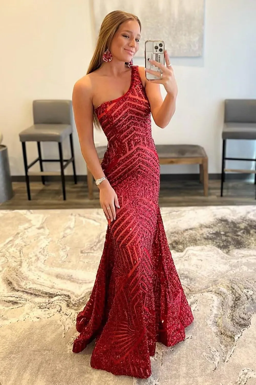 Mermaid Sequin Prom Dress One Shoulder Long Sparkly Formal Evening Ball Gown Pleated for Women
