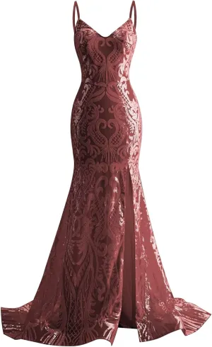 Mermaid Sequin Prom Dresses Long Sparkly Spaghetti Straps Formal Gowns with Slit V Neck Evening Dress for Women