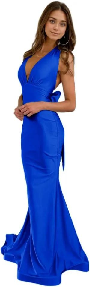 Mermaid V Neck Satin Prom Dresses with Bow Back 2025 Long Formal Evening Gowns LU124