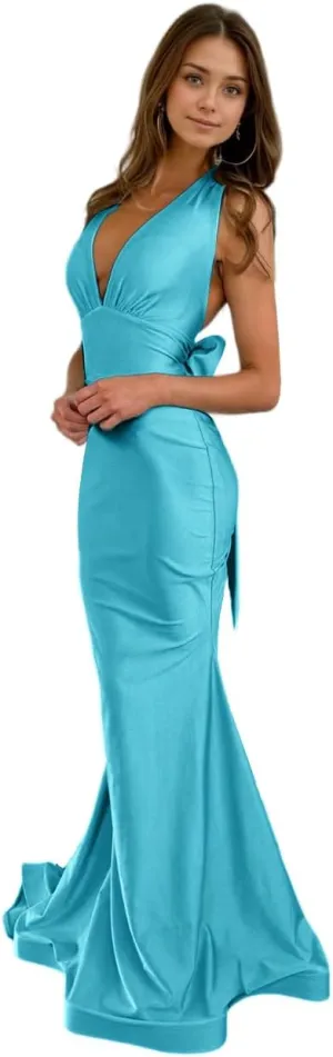 Mermaid V Neck Satin Prom Dresses with Bow Back 2025 Long Formal Evening Gowns LU124
