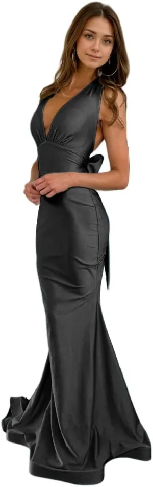 Mermaid V Neck Satin Prom Dresses with Bow Back 2025 Long Formal Evening Gowns LU124