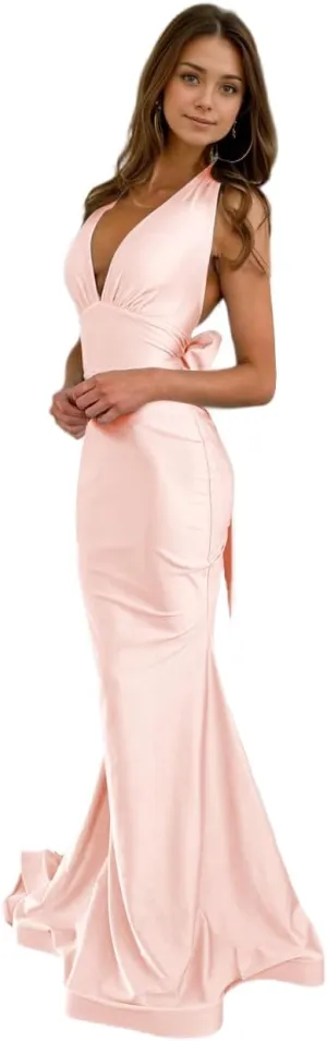 Mermaid V Neck Satin Prom Dresses with Bow Back 2025 Long Formal Evening Gowns LU124