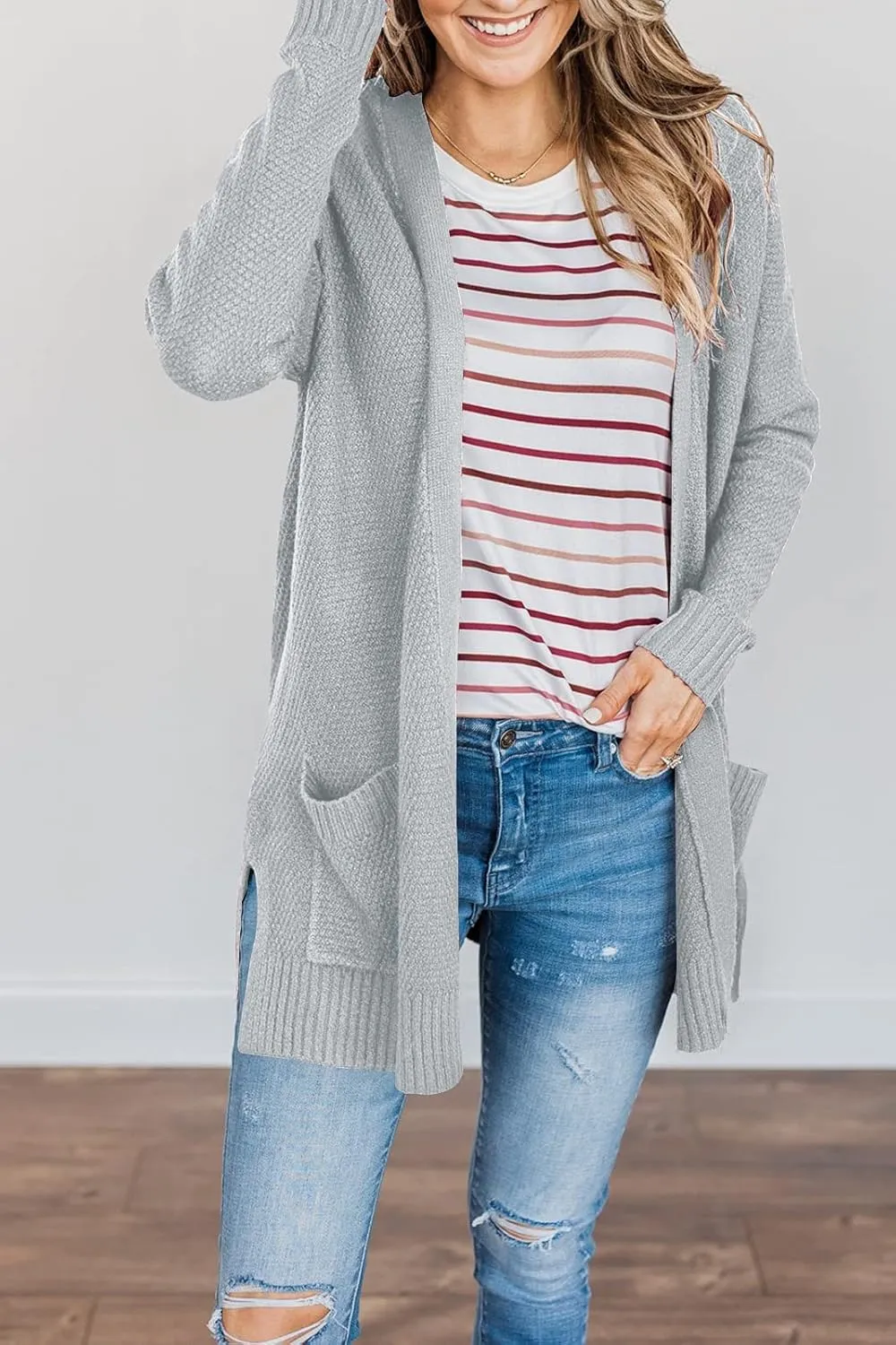 MEROKEETY Women's 2025 Long Sleeve Waffle Knit Cardigan Open Front Cozy Sweater Coat with Pockets