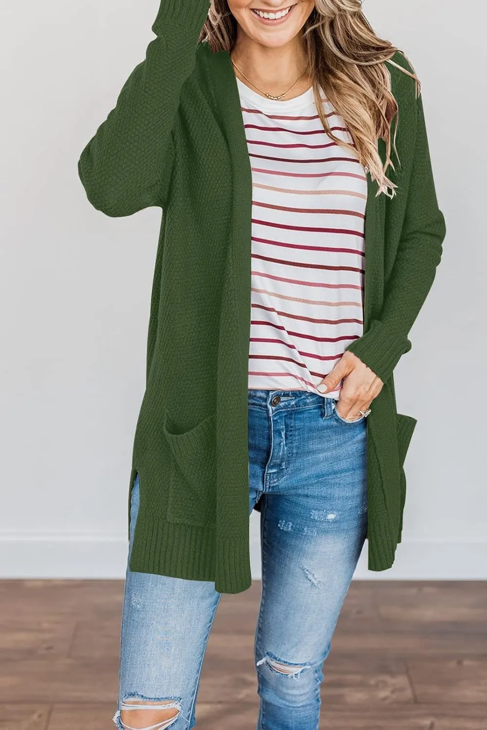 MEROKEETY Women's 2025 Long Sleeve Waffle Knit Cardigan Open Front Cozy Sweater Coat with Pockets