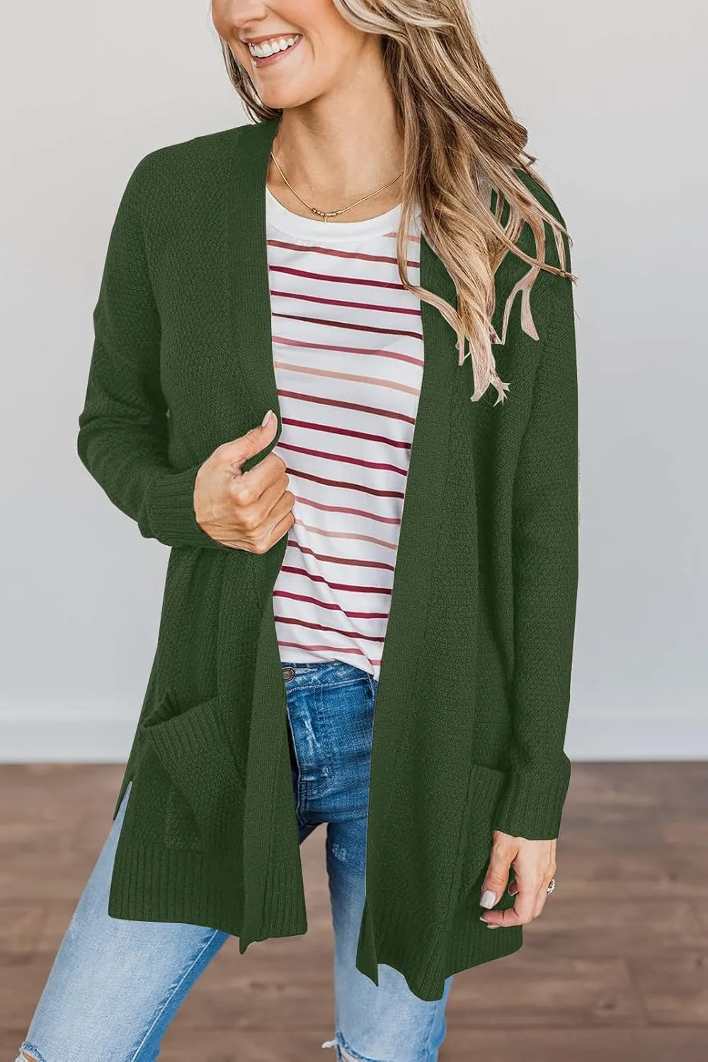 MEROKEETY Women's 2025 Long Sleeve Waffle Knit Cardigan Open Front Cozy Sweater Coat with Pockets