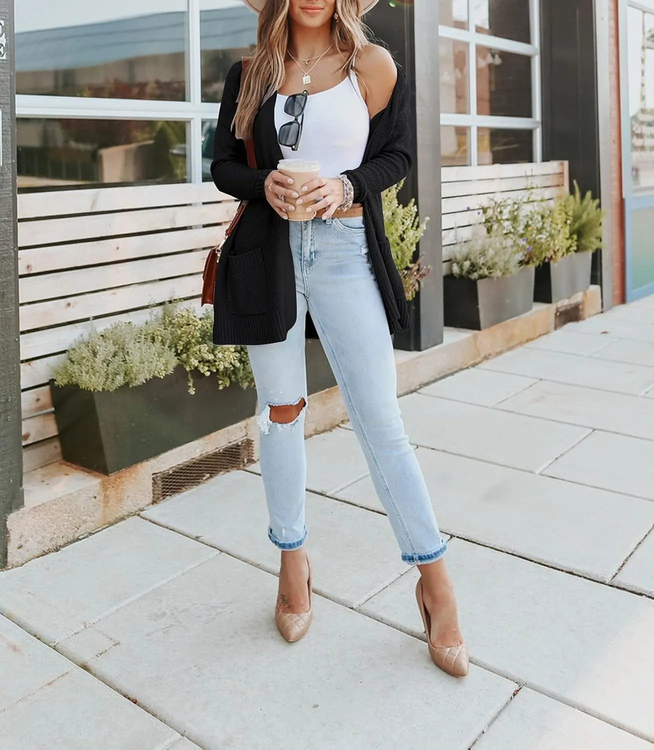 MEROKEETY Women's 2025 Long Sleeve Waffle Knit Cardigan Open Front Cozy Sweater Coat with Pockets