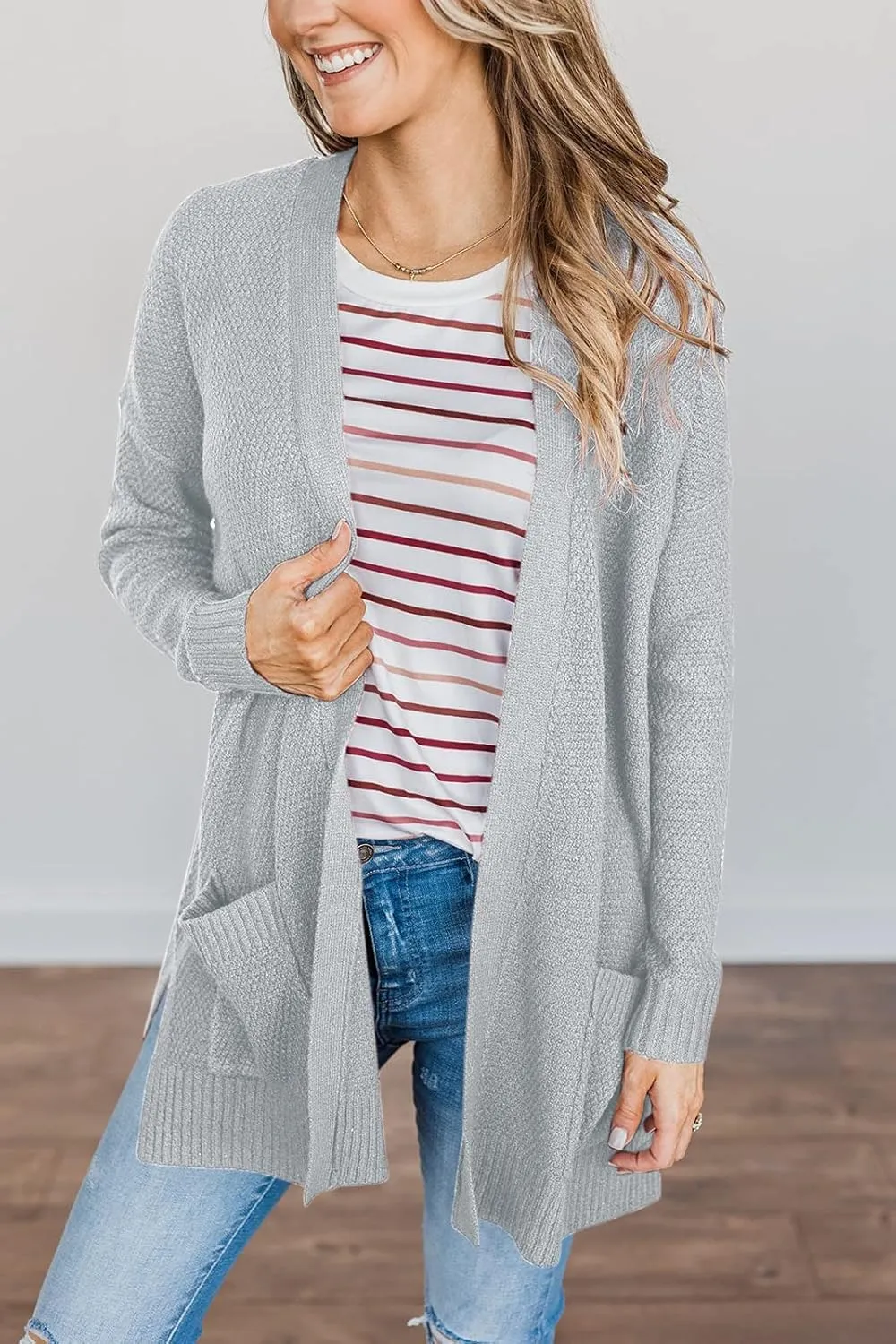 MEROKEETY Women's 2025 Long Sleeve Waffle Knit Cardigan Open Front Cozy Sweater Coat with Pockets