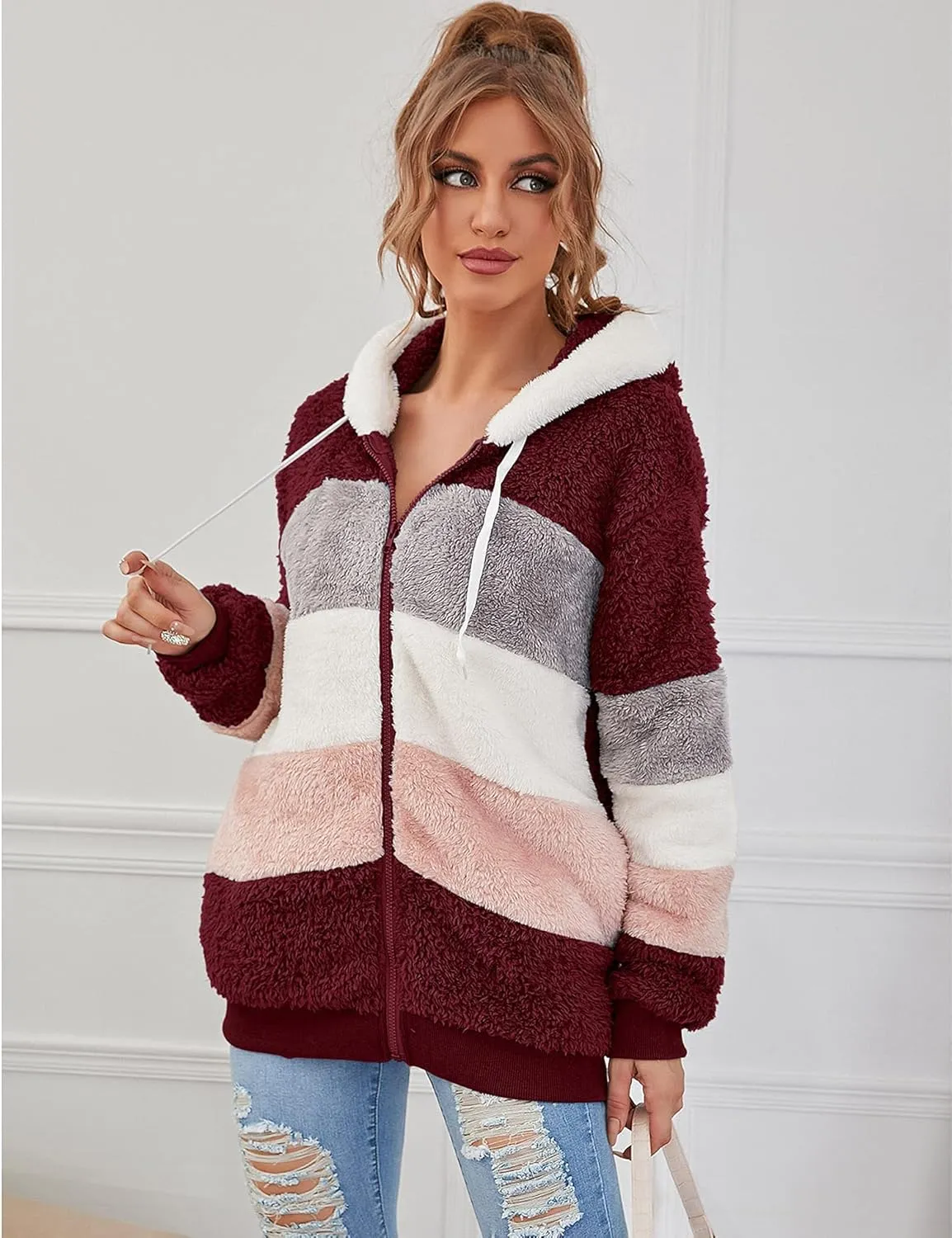 Micoson Women Fashion Color Block Faux Shearling Coat Warm Hooded Zip Up Fuzzy Winter Jacket with Pockets
