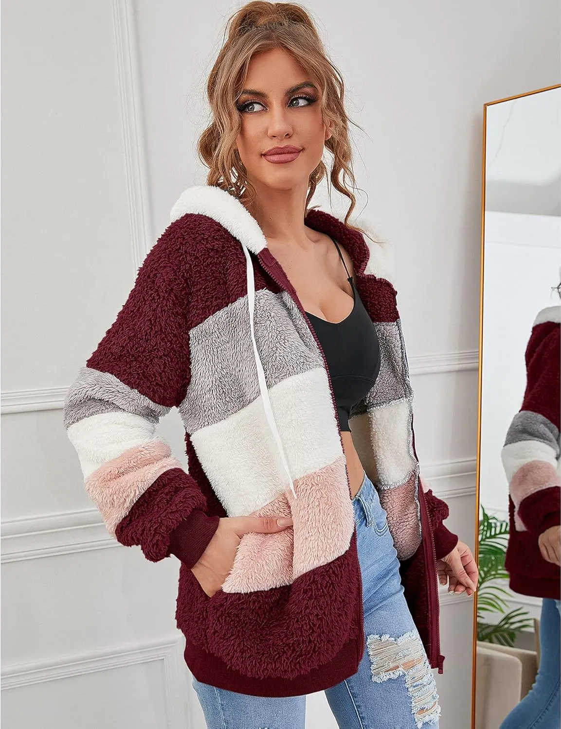Micoson Women Fashion Color Block Faux Shearling Coat Warm Hooded Zip Up Fuzzy Winter Jacket with Pockets