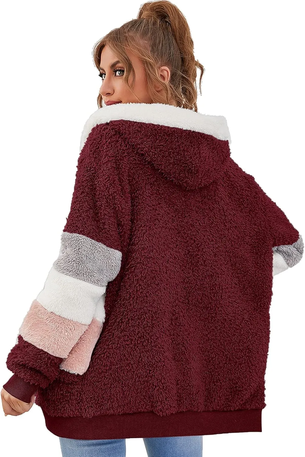 Micoson Women Fashion Color Block Faux Shearling Coat Warm Hooded Zip Up Fuzzy Winter Jacket with Pockets