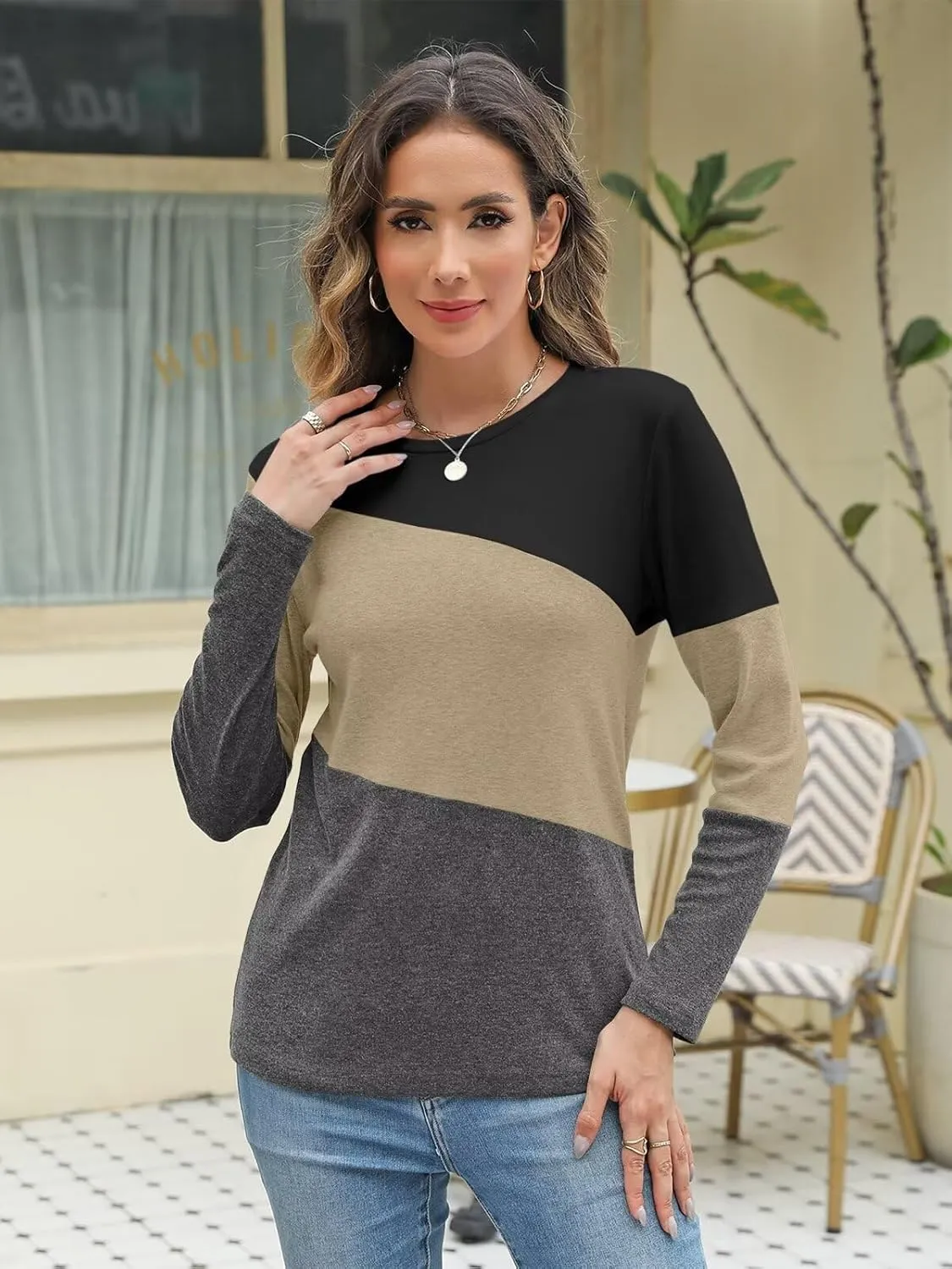 Minetom Women's Color Block Tops Casual Long Sleeve Tunic Round Neck Pullover Shirts
