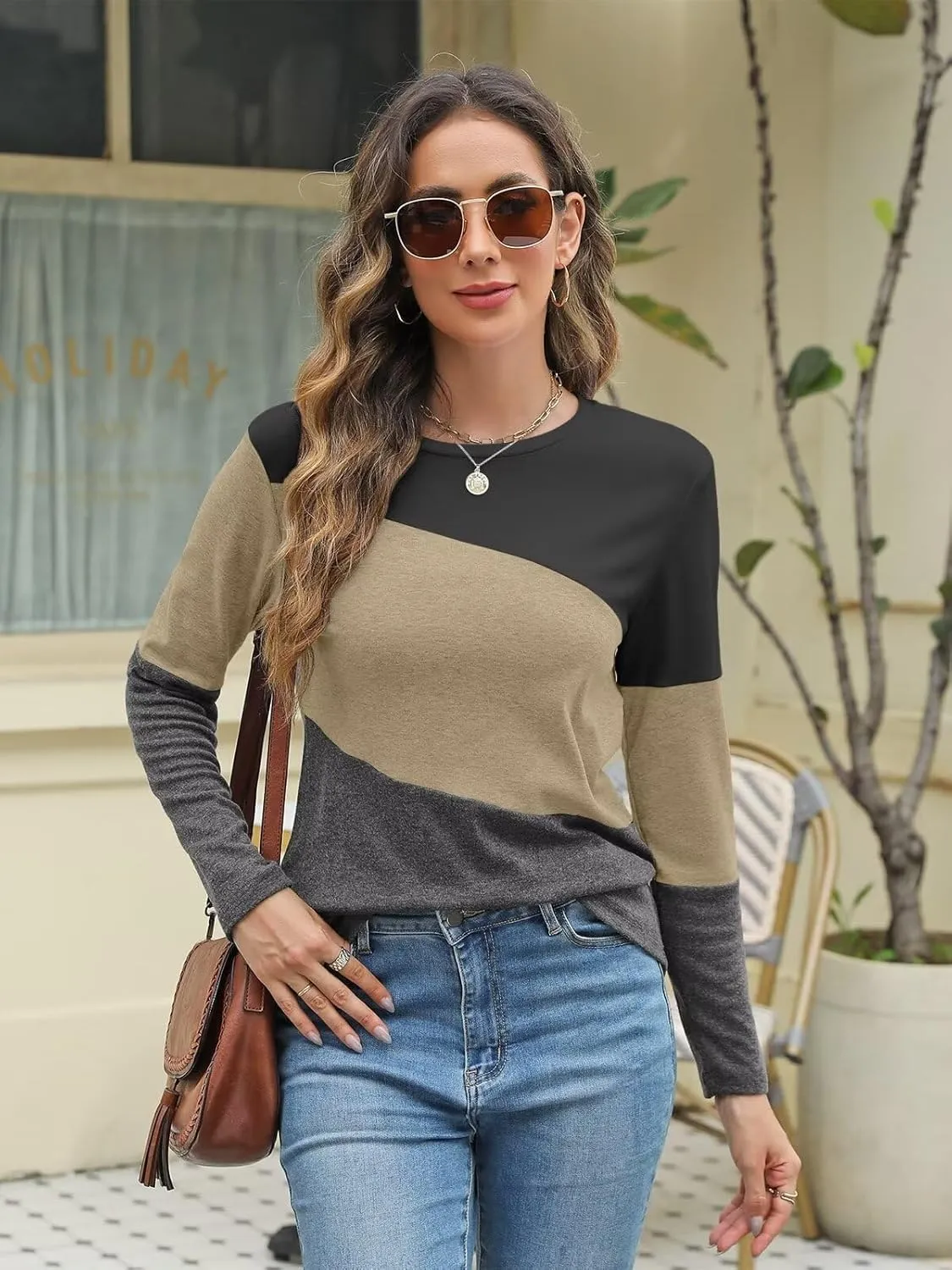 Minetom Women's Color Block Tops Casual Long Sleeve Tunic Round Neck Pullover Shirts