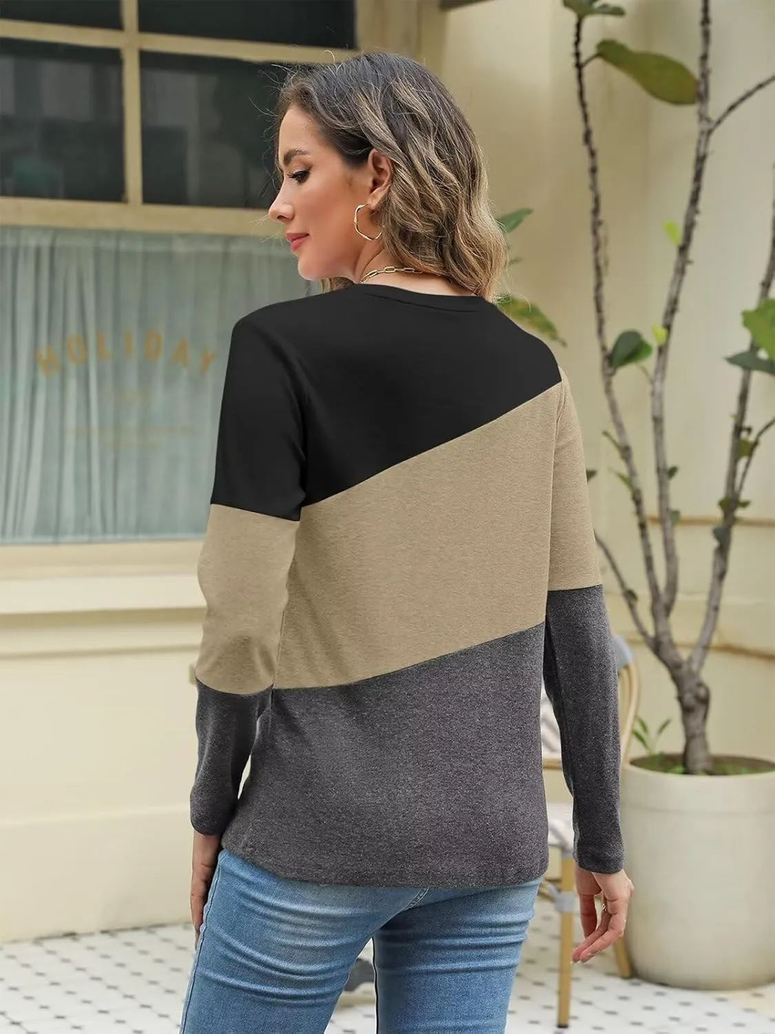 Minetom Women's Color Block Tops Casual Long Sleeve Tunic Round Neck Pullover Shirts