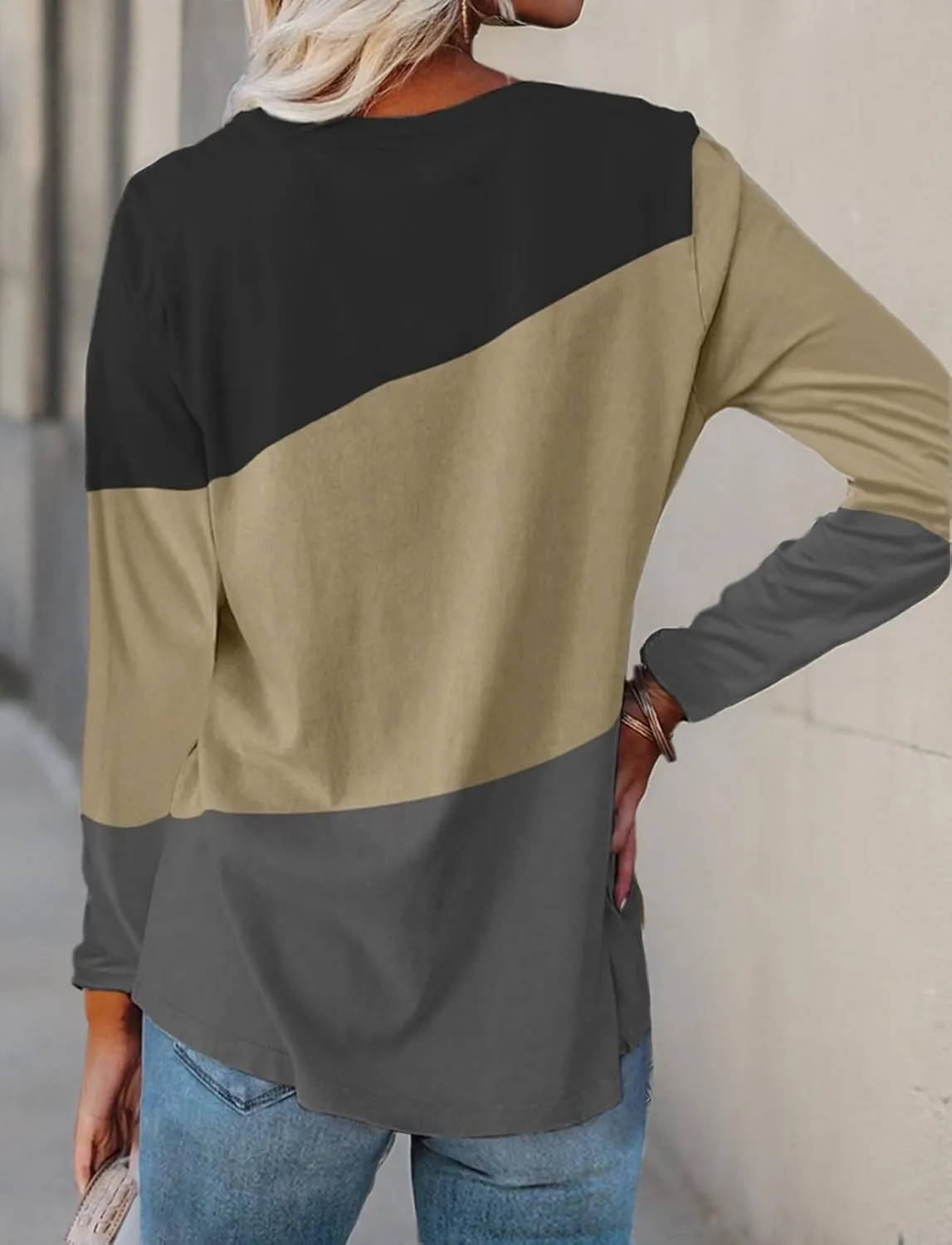 Minetom Women's Color Block Tops Casual Long Sleeve Tunic Round Neck Pullover Shirts