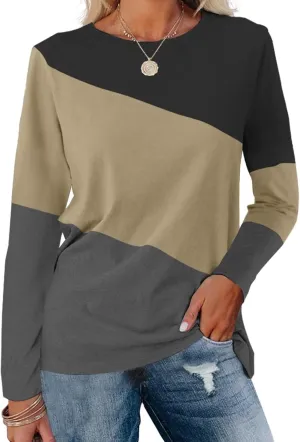 Minetom Women's Color Block Tops Casual Long Sleeve Tunic Round Neck Pullover Shirts