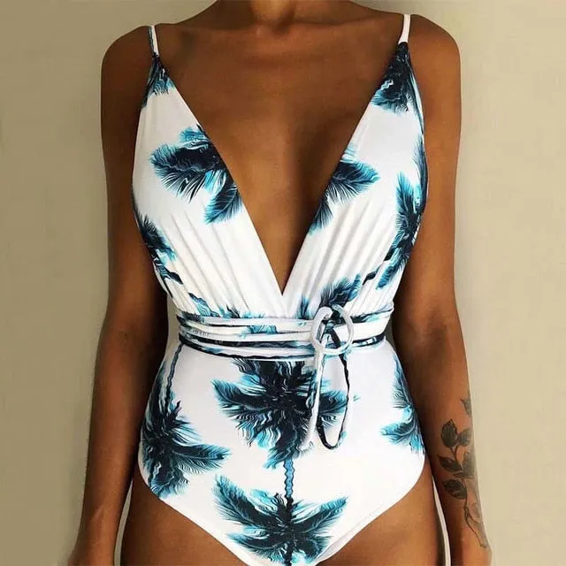 Minimalism Le Floral Print Bikinis Sexy Bandage One Piece Swimsuit