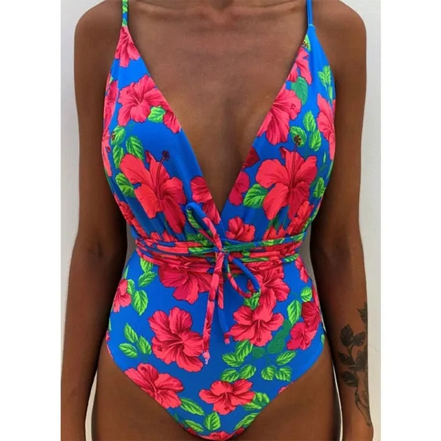 Minimalism Le Floral Print Bikinis Sexy Bandage One Piece Swimsuit