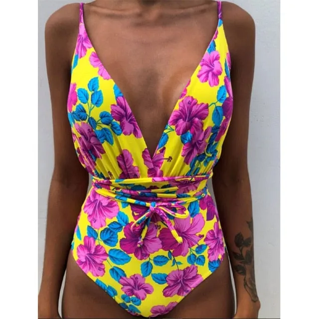 Minimalism Le Floral Print Bikinis Sexy Bandage One Piece Swimsuit