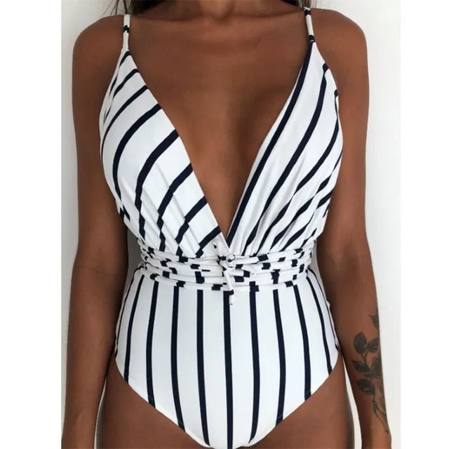 Minimalism Le Floral Print Bikinis Sexy Bandage One Piece Swimsuit