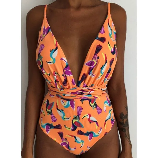 Minimalism Le Floral Print Bikinis Sexy Bandage One Piece Swimsuit