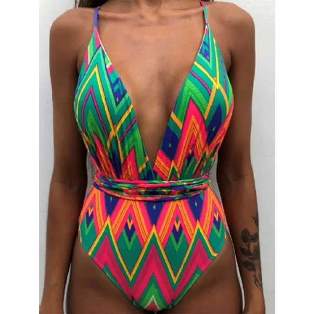 Minimalism Le Floral Print Bikinis Sexy Bandage One Piece Swimsuit
