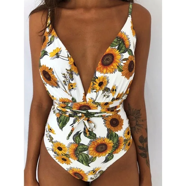 Minimalism Le Floral Print Bikinis Sexy Bandage One Piece Swimsuit