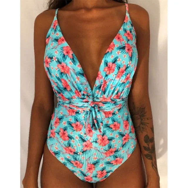 Minimalism Le Floral Print Bikinis Sexy Bandage One Piece Swimsuit