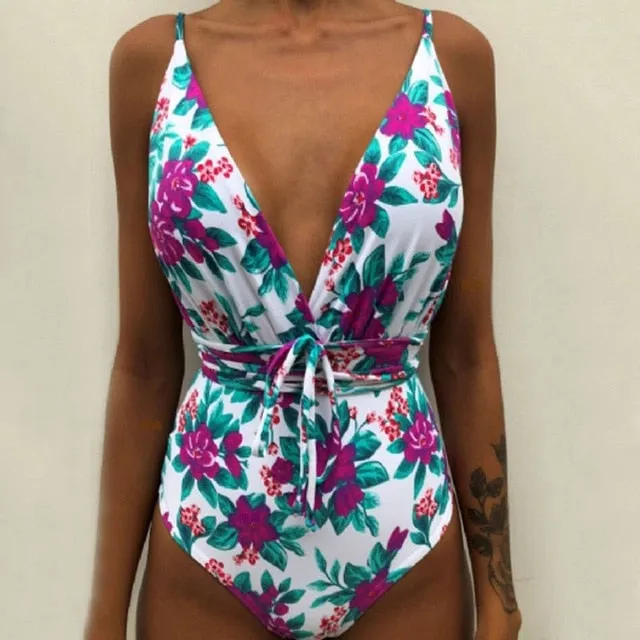 Minimalism Le Floral Print Bikinis Sexy Bandage One Piece Swimsuit