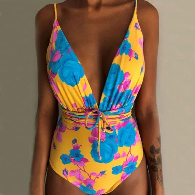 Minimalism Le Floral Print Bikinis Sexy Bandage One Piece Swimsuit