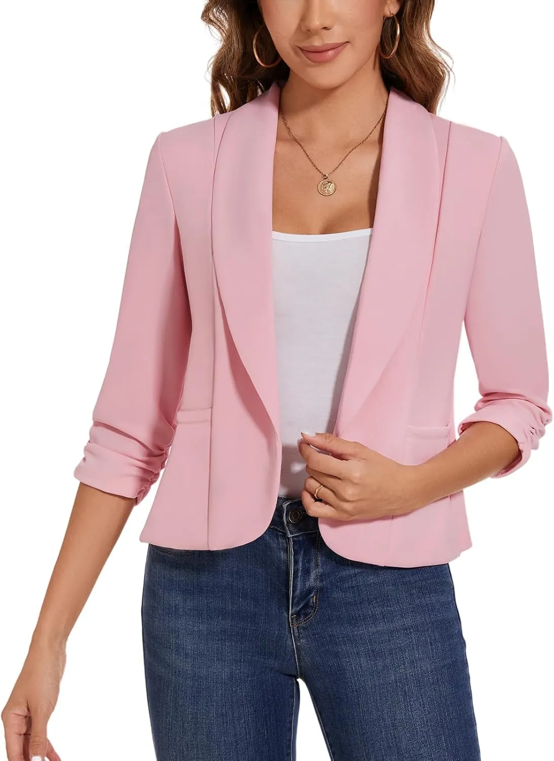 MINTLIMIT Womens Casual Blazers Open Front Shawl Lapel 3/4 Ruched Sleeve Blazer Work Office Lightweight Jackets with Pockets