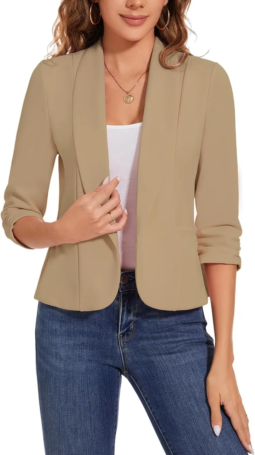 MINTLIMIT Womens Casual Blazers Open Front Shawl Lapel 3/4 Ruched Sleeve Blazer Work Office Lightweight Jackets with Pockets