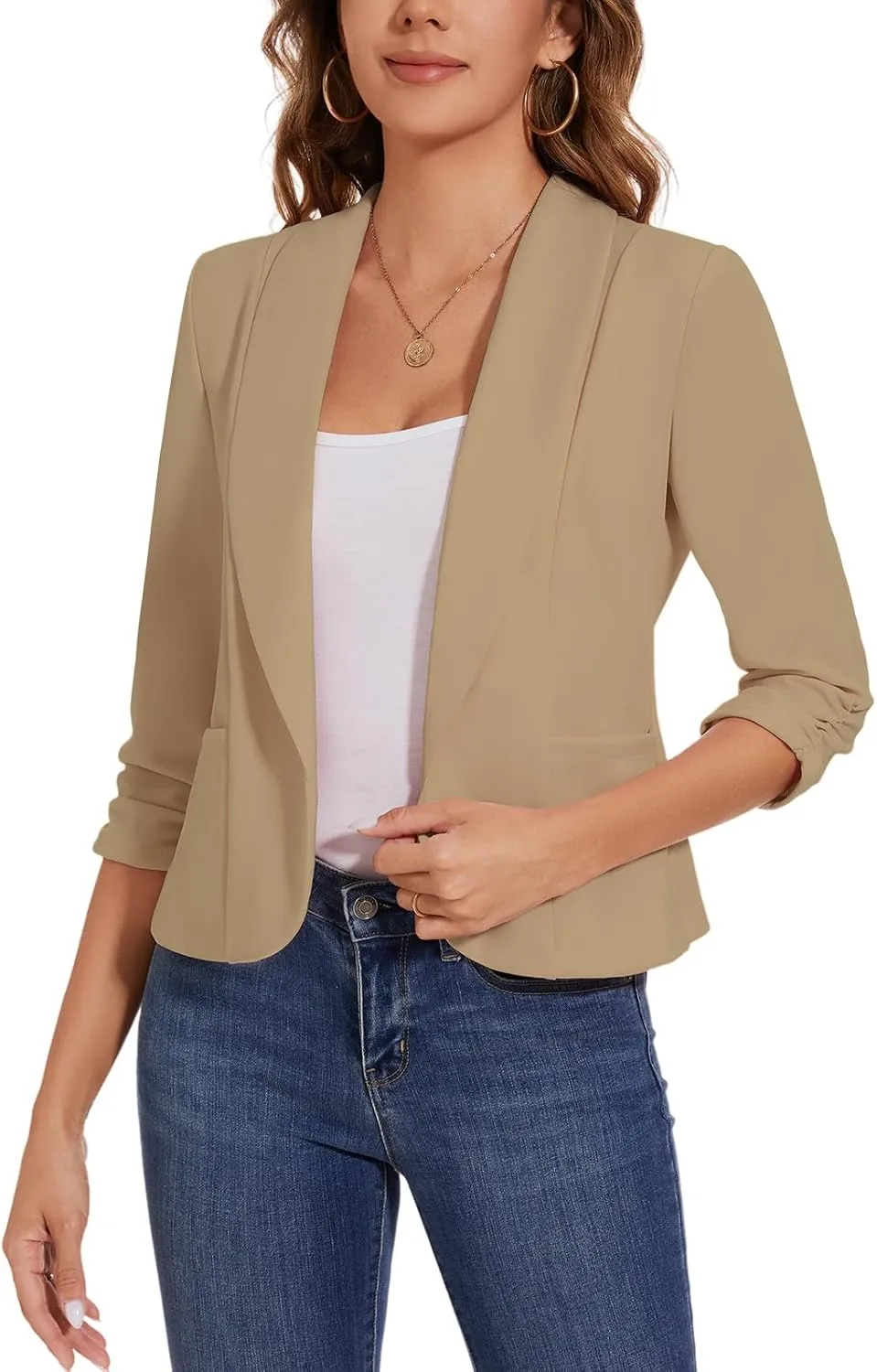 MINTLIMIT Womens Casual Blazers Open Front Shawl Lapel 3/4 Ruched Sleeve Blazer Work Office Lightweight Jackets with Pockets
