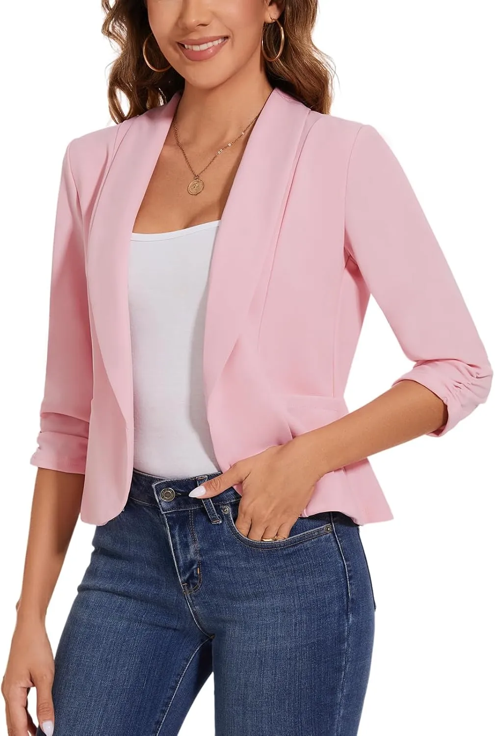 MINTLIMIT Womens Casual Blazers Open Front Shawl Lapel 3/4 Ruched Sleeve Blazer Work Office Lightweight Jackets with Pockets