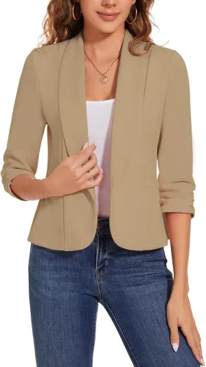 MINTLIMIT Womens Casual Blazers Open Front Shawl Lapel 3/4 Ruched Sleeve Blazer Work Office Lightweight Jackets with Pockets