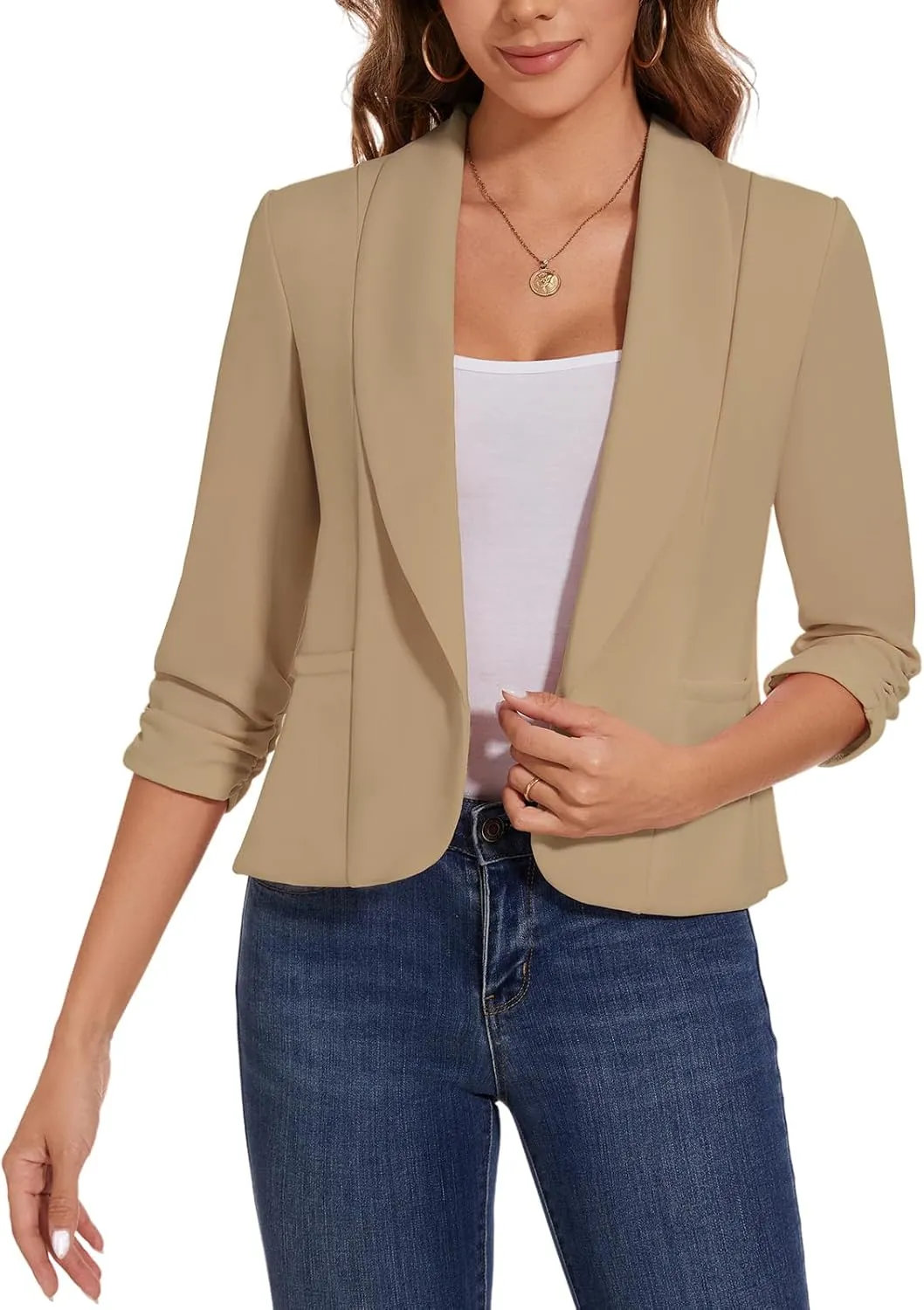 MINTLIMIT Womens Casual Blazers Open Front Shawl Lapel 3/4 Ruched Sleeve Blazer Work Office Lightweight Jackets with Pockets