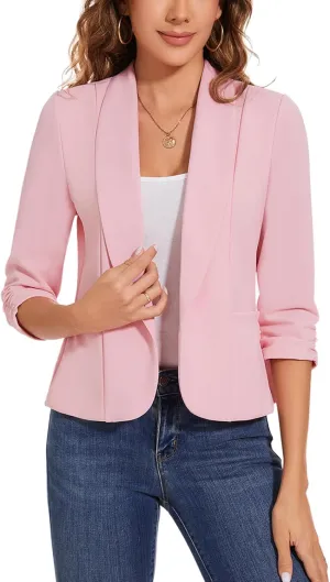 MINTLIMIT Womens Casual Blazers Open Front Shawl Lapel 3/4 Ruched Sleeve Blazer Work Office Lightweight Jackets with Pockets