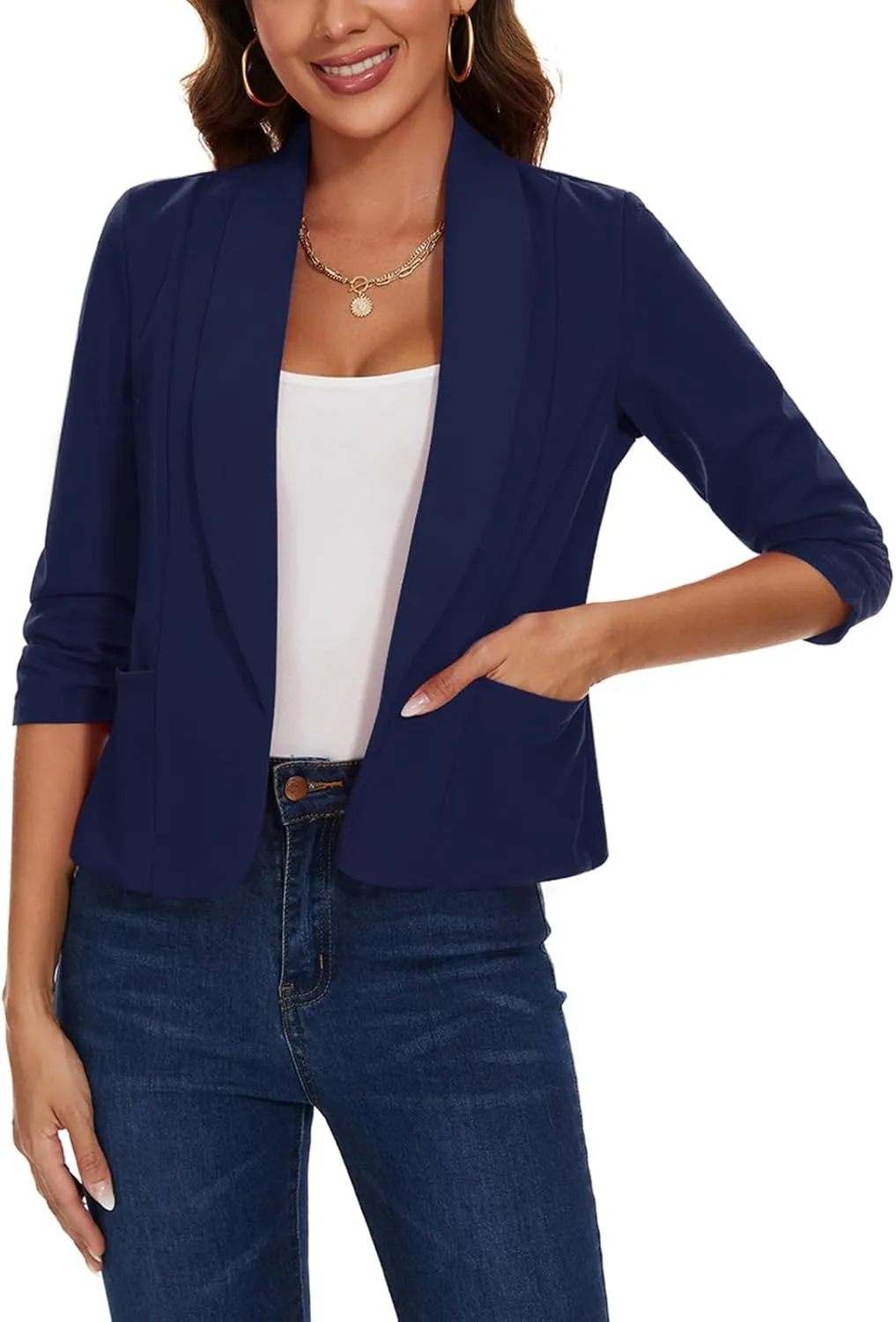 MINTLIMIT Womens Casual Blazers Open Front Shawl Lapel 3/4 Ruched Sleeve Blazer Work Office Lightweight Jackets with Pockets