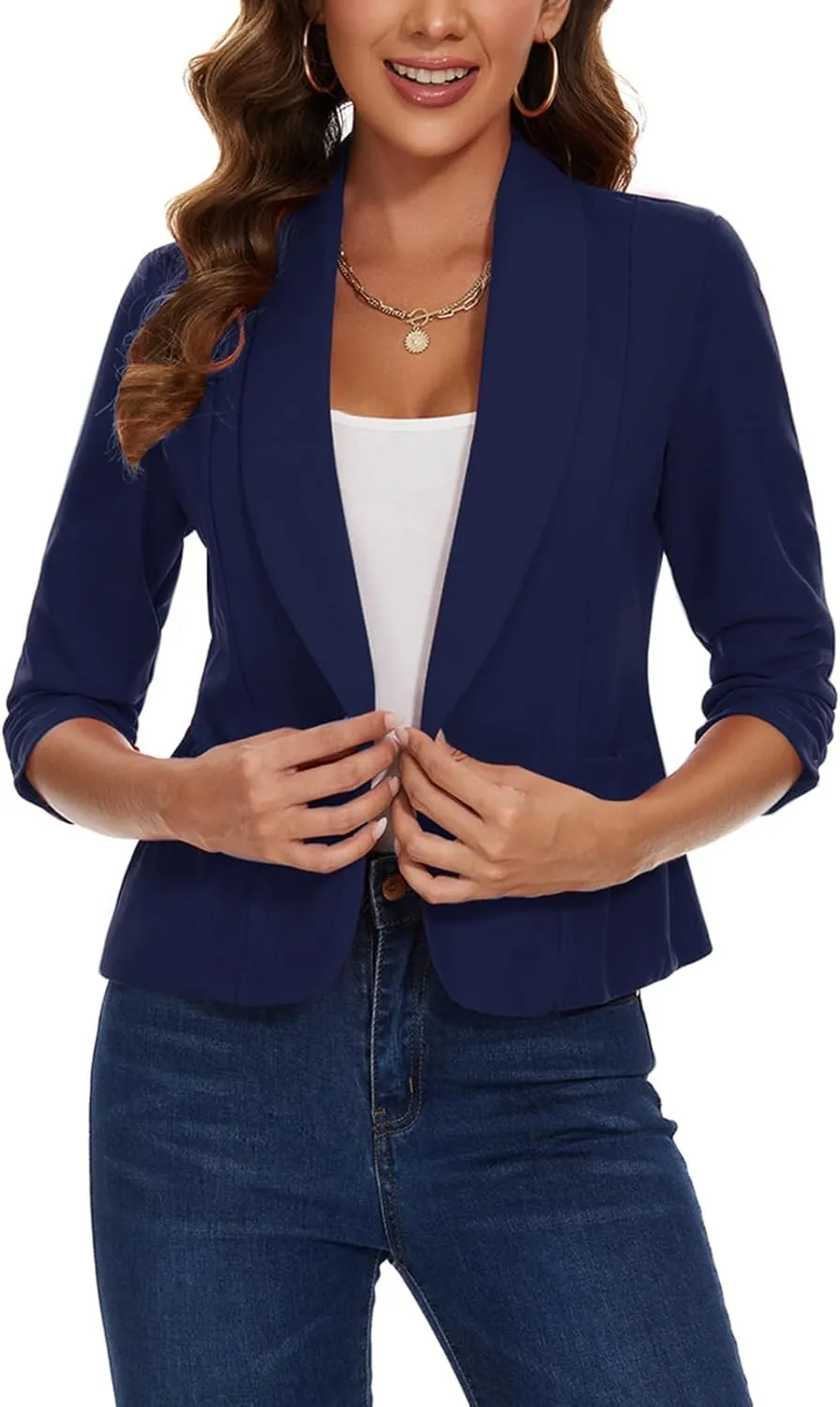MINTLIMIT Womens Casual Blazers Open Front Shawl Lapel 3/4 Ruched Sleeve Blazer Work Office Lightweight Jackets with Pockets