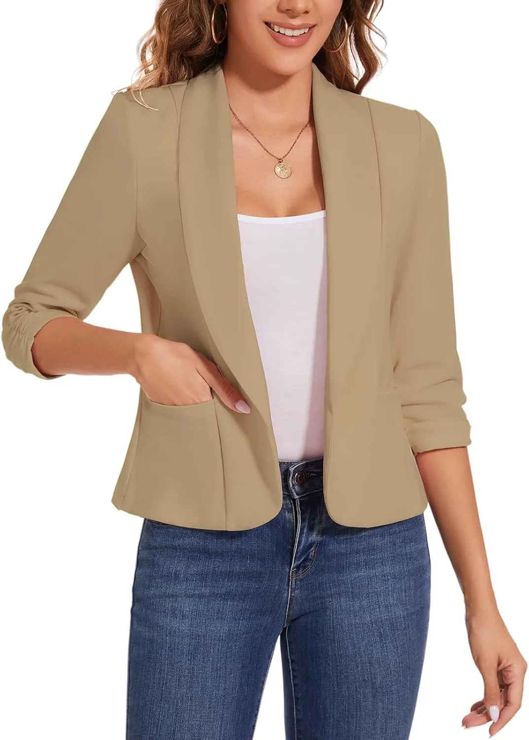 MINTLIMIT Womens Casual Blazers Open Front Shawl Lapel 3/4 Ruched Sleeve Blazer Work Office Lightweight Jackets with Pockets