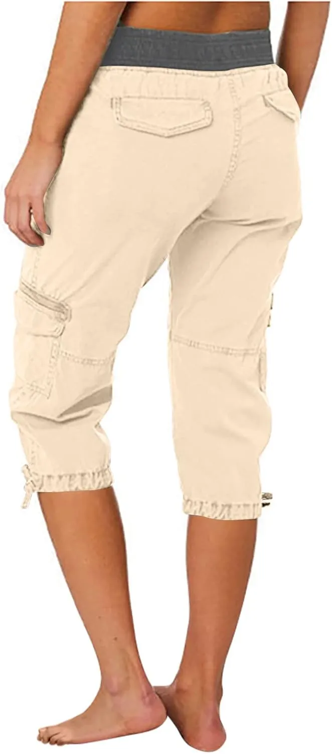 MINzYI Cargo Pants Women High Waist Fashion Adjustable Drawstring Elastic Waist Wide Leg Pants Loose Trousers with Pockets