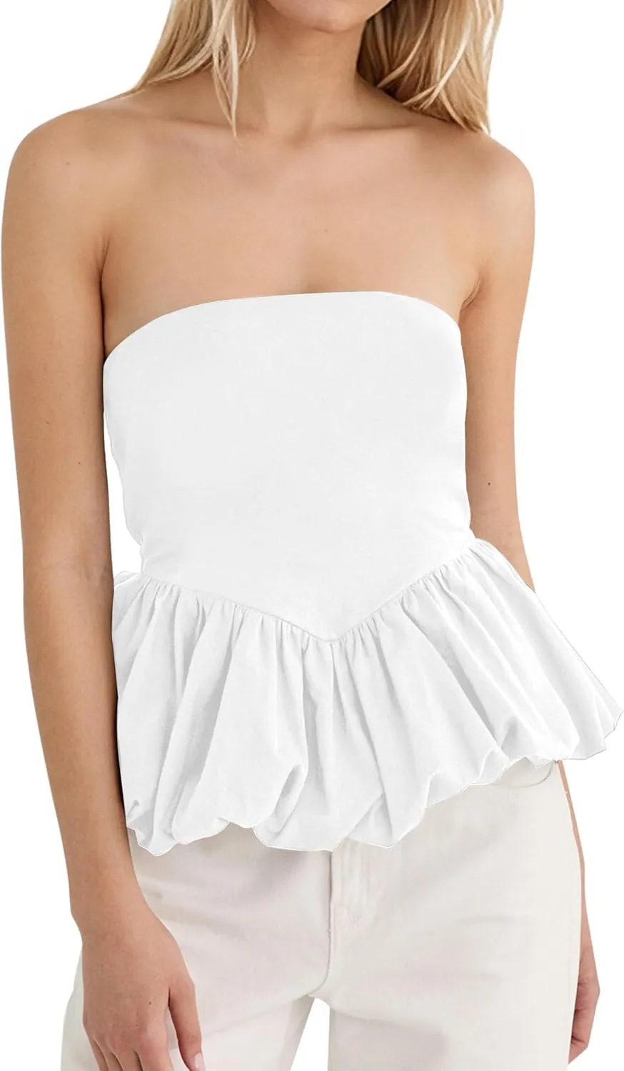 MISSACTIVER Peplum Tank Top for Women Casual Bandeau Tube Top Summer Flowy Strapless Going Out Shirts Blouses