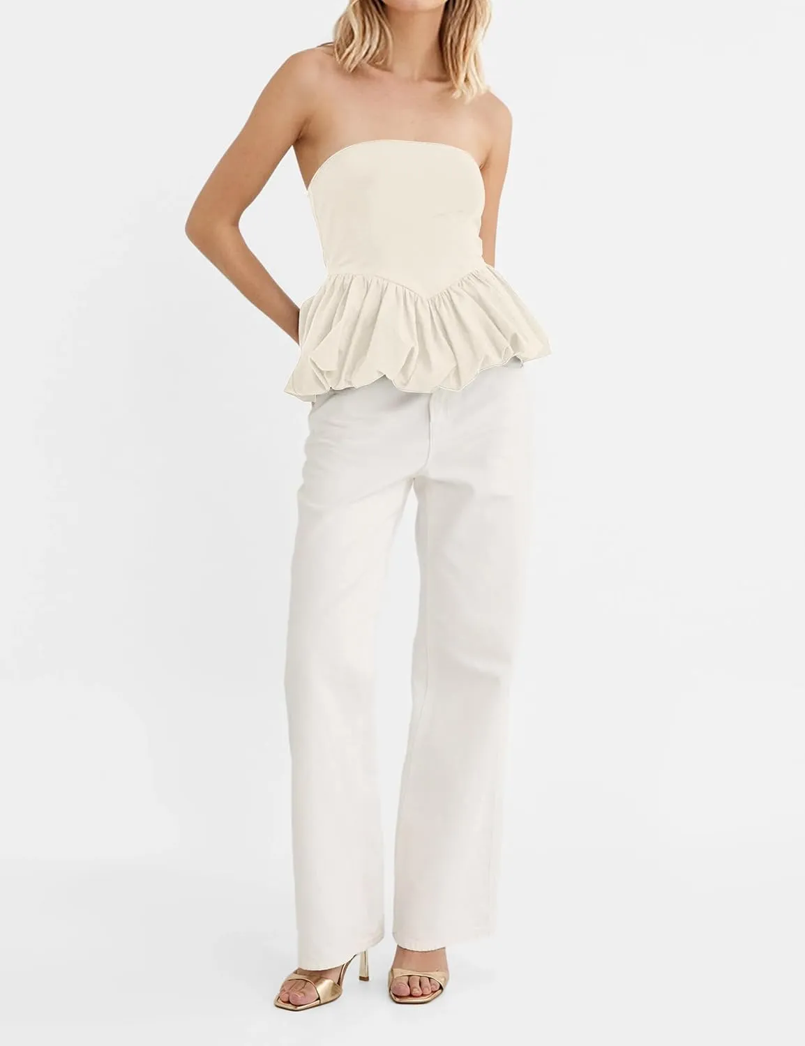 MISSACTIVER Peplum Tank Top for Women Casual Bandeau Tube Top Summer Flowy Strapless Going Out Shirts Blouses