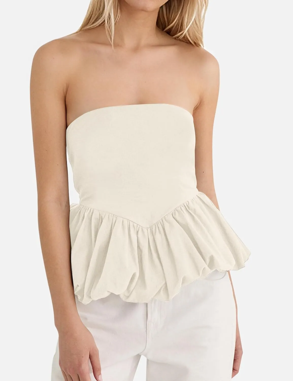 MISSACTIVER Peplum Tank Top for Women Casual Bandeau Tube Top Summer Flowy Strapless Going Out Shirts Blouses